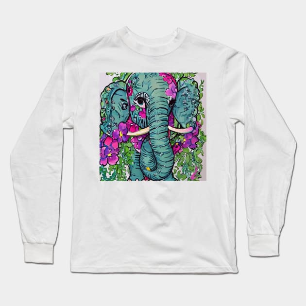 Cute elephant and flowers markers and watercolor painting Long Sleeve T-Shirt by SophieClimaArt